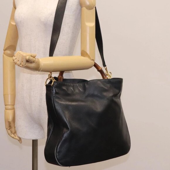 GUCCI Bamboo Shoulder Bag Leather 2way Black Gold - Picture 14 of 16